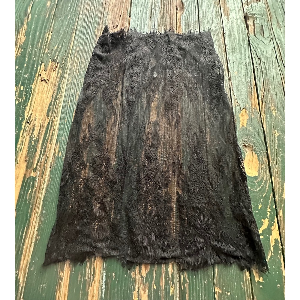 Black Floral Lace Midi Skirt Sheer Eyelash Trim Gothic Boho Layering Piece
